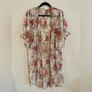 American Eagle Women Boho Cardigan XL White Ditsy Floral Open Front Longline